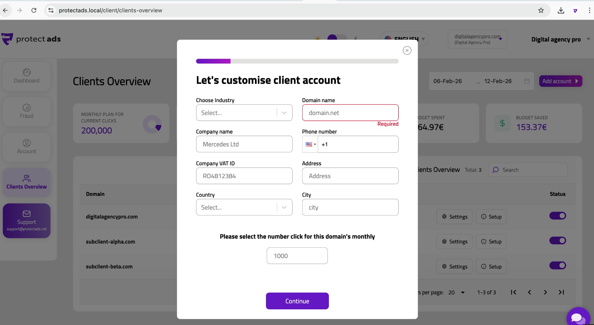 Add a new client in seconds